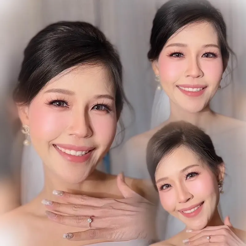 ภาพคอลลาจเจ้าสาวสามภาพใบหน้า ผมดำรวบเก็บและผ้าคลุมหน้าบางๆ ปัดแก้มชมพูอ่อน ลิปสีนู้ดชมพู มือโชว์แหวนและเล็บสีนู้ด